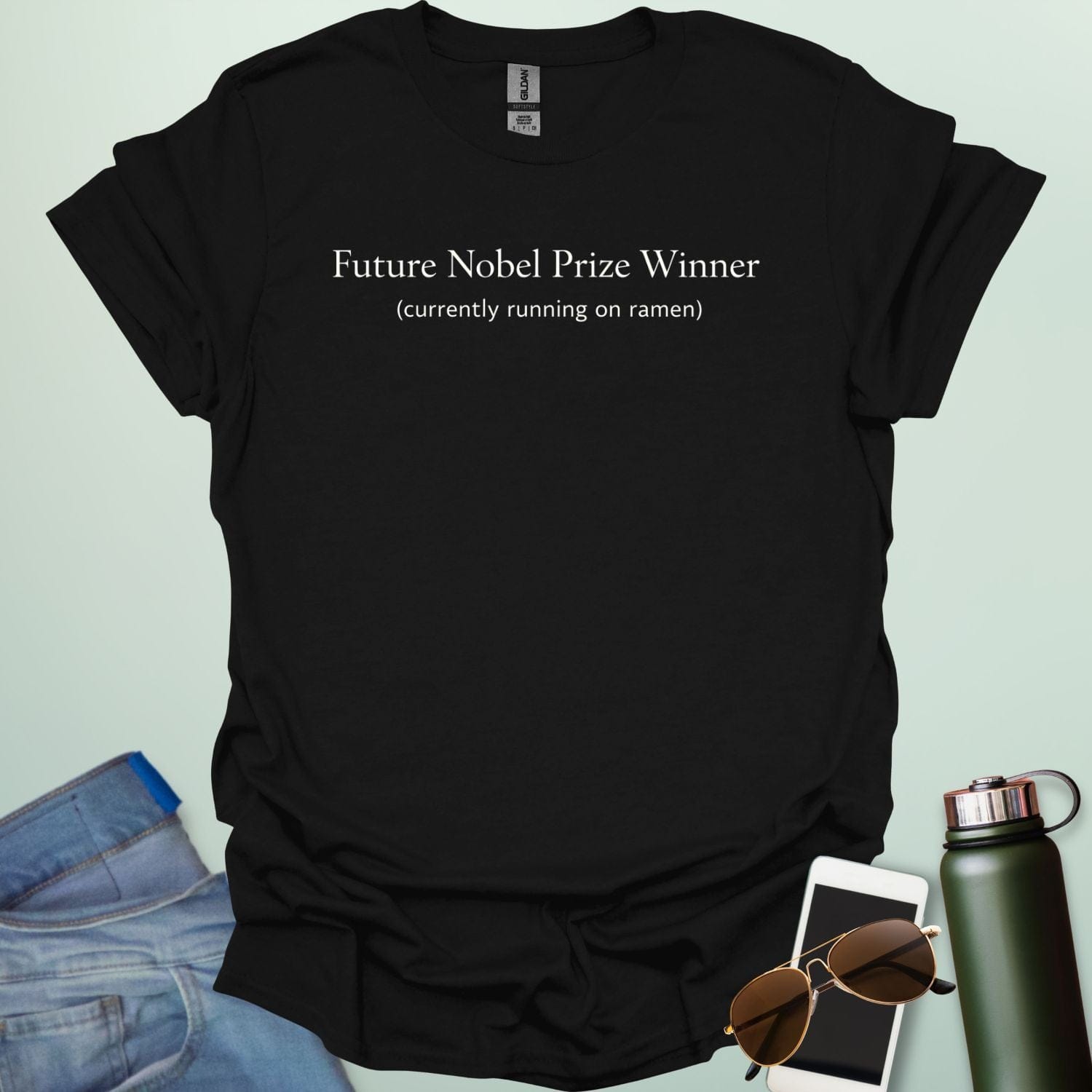 A clean typography design featuring the bold text "FUTURE NOBEL PRIZE WINNER" centered above lower-case text "currently running on ramen."