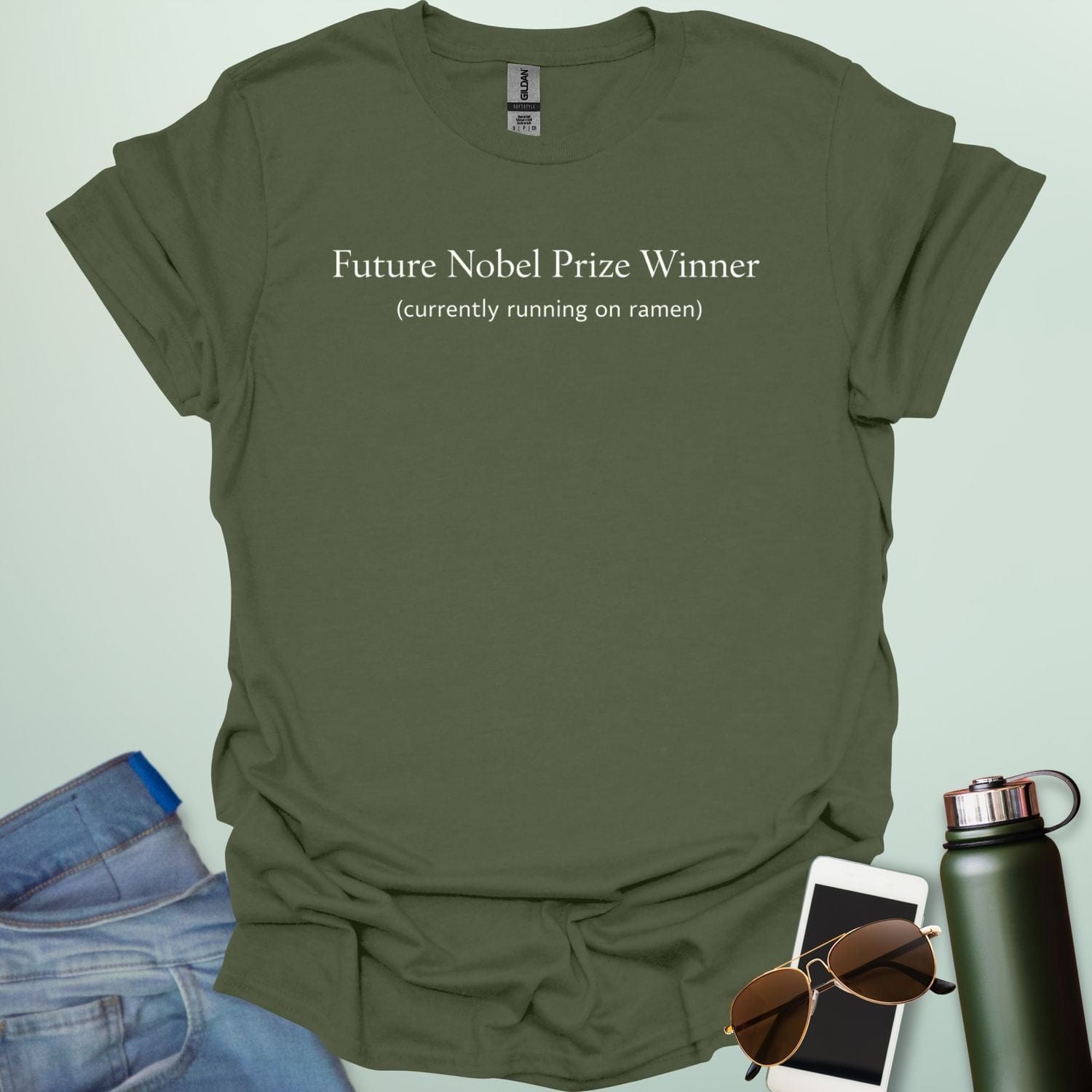 A clean typography design featuring the bold text "FUTURE NOBEL PRIZE WINNER" centered above lower-case text "currently running on ramen."