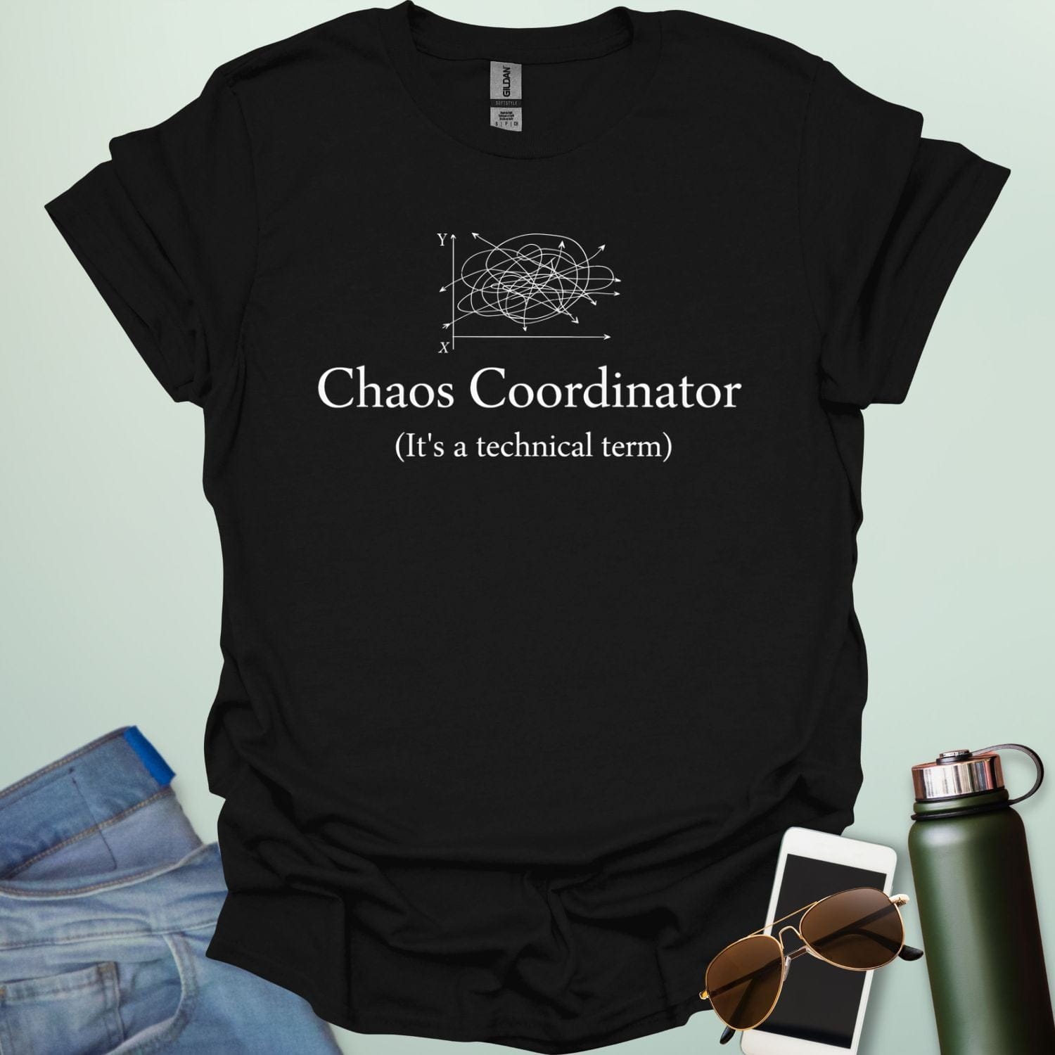 A stylish typography design featuring the words "CHAOS COORDINATOR (It's a technical term)" in a mix of bold and regular serif fonts, accented by minimalist scribbles on an XY graph.