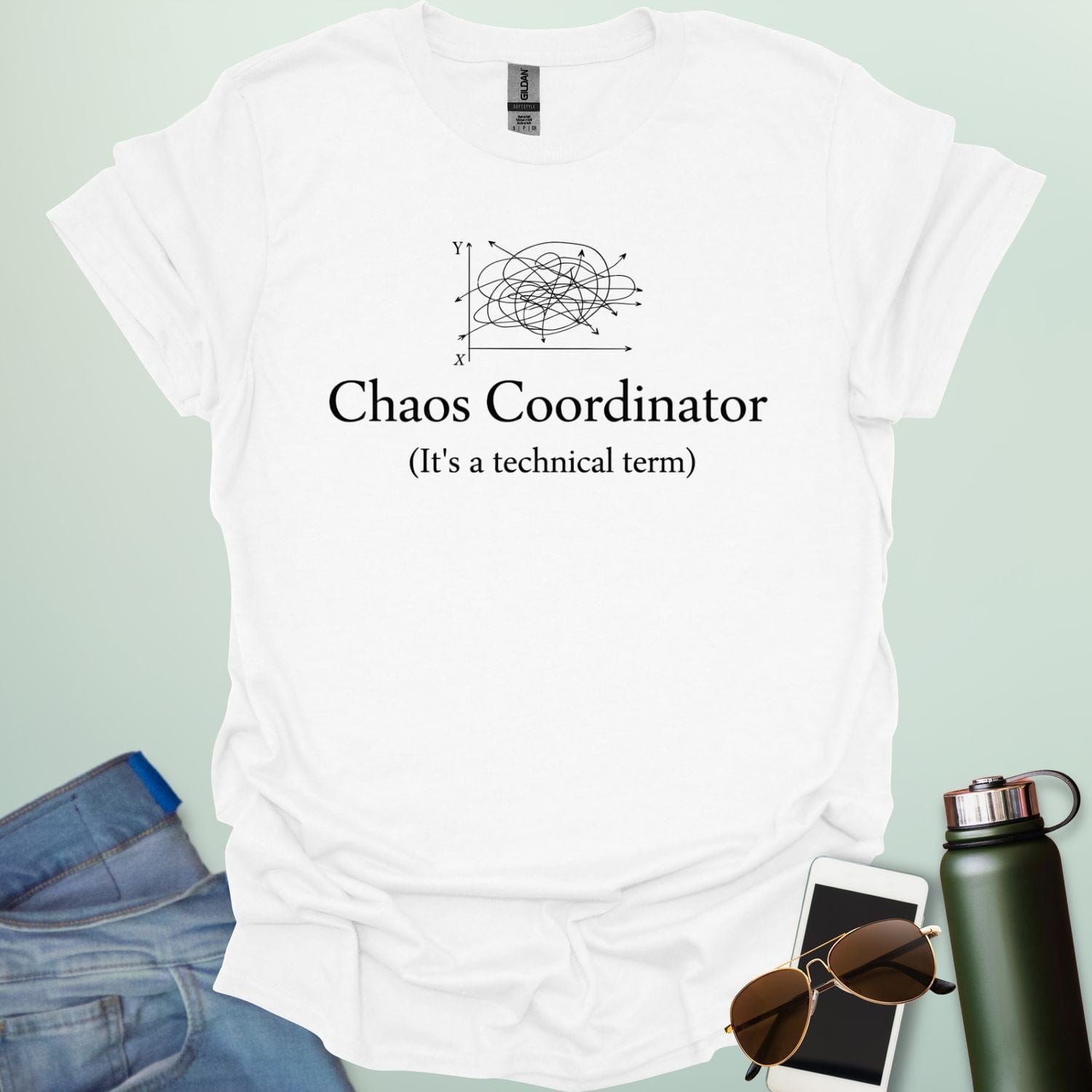 A stylish typography design featuring the words "CHAOS COORDINATOR (It's a technical term)" in a mix of bold and regular serif fonts, accented by minimalist scribbles on an XY graph.