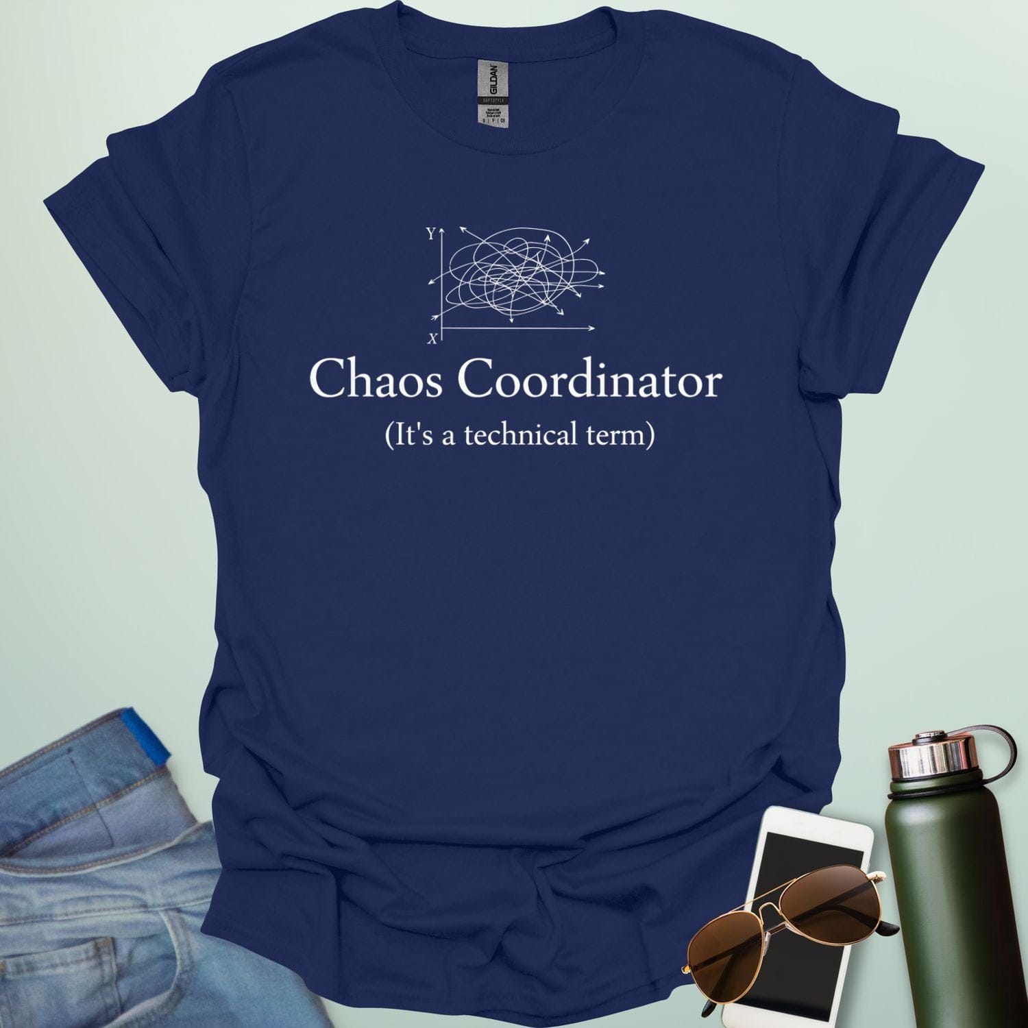 A stylish typography design featuring the words "CHAOS COORDINATOR (It's a technical term)" in a mix of bold and regular serif fonts, accented by minimalist scribbles on an XY graph.