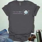 A playful science graphic featuring an atom or ion illustration with the punny text "I PUT THE 'ION' IN PROCRASTINATION" in a modern, rounded typeface.