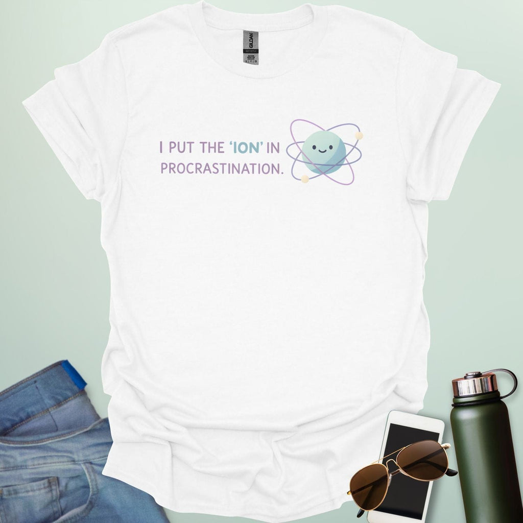 A playful science graphic featuring an atom or ion illustration with the punny text "I PUT THE 'ION' IN PROCRASTINATION" in a modern, rounded typeface.