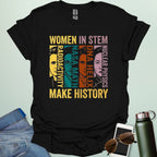 A colorful retro-style graphic featuring four portraits of famous female scientists with text labels for Radioactivity, NASA Math, DNA Helix, and Nuclear Physics, framed by the words WOMEN IN STEM MAKE HISTORY.
