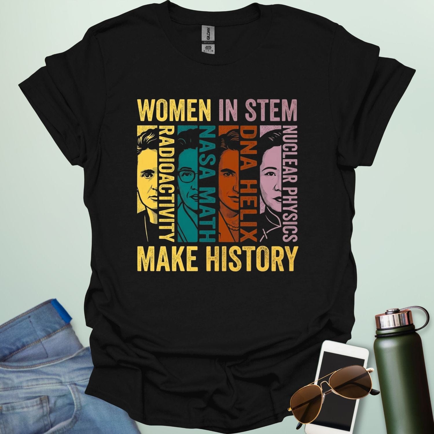 A colorful retro-style graphic featuring four portraits of famous female scientists with text labels for Radioactivity, NASA Math, DNA Helix, and Nuclear Physics, framed by the words WOMEN IN STEM MAKE HISTORY.
