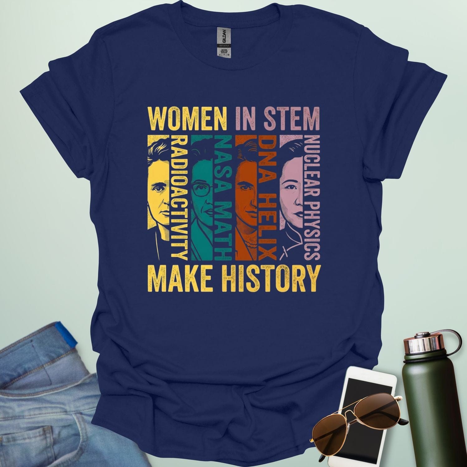 A colorful retro-style graphic featuring four portraits of famous female scientists with text labels for Radioactivity, NASA Math, DNA Helix, and Nuclear Physics, framed by the words WOMEN IN STEM MAKE HISTORY.