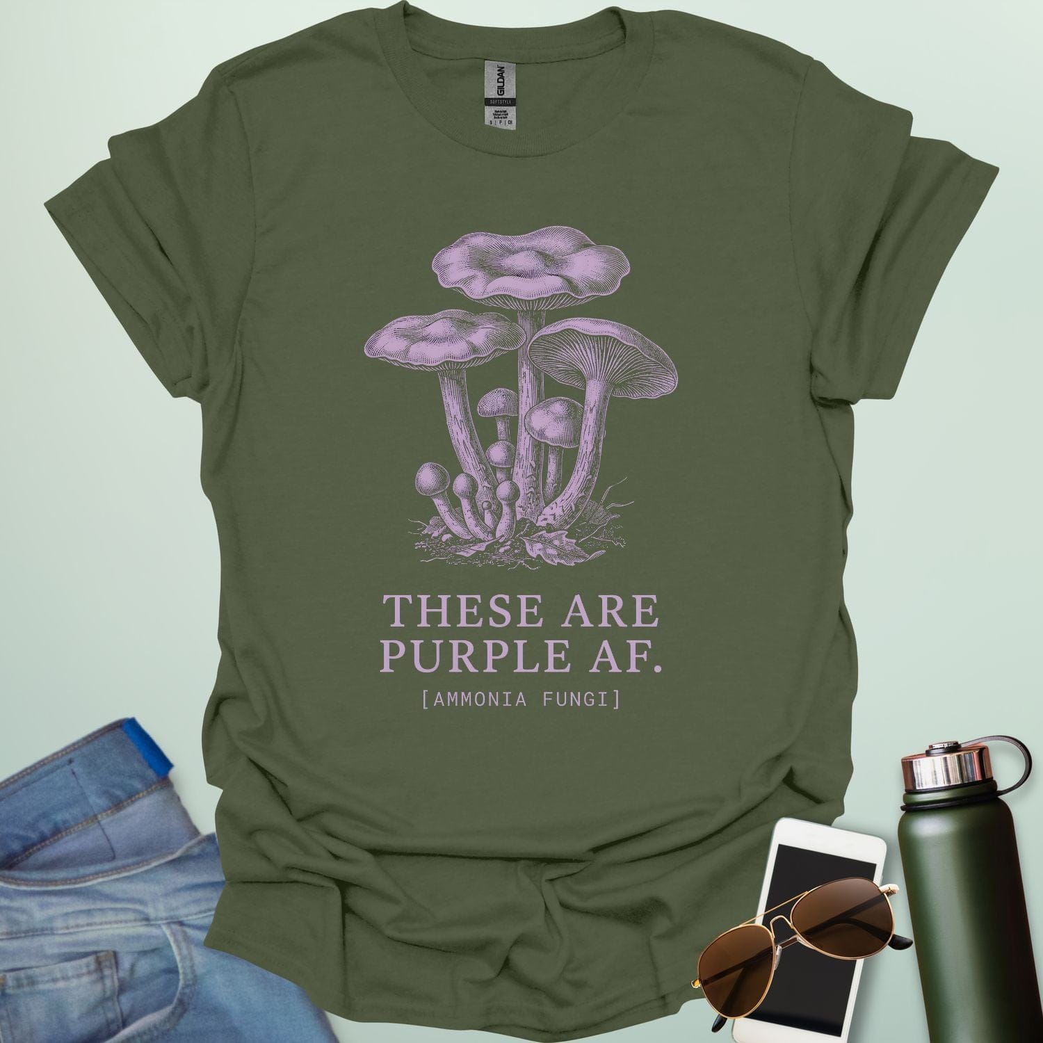 Botanical illustration of various mushrooms and fungi with text that reads 'THESE ARE PURPLE AF.' and '[AMMONIA FUNGI]' in a clean serif font.
