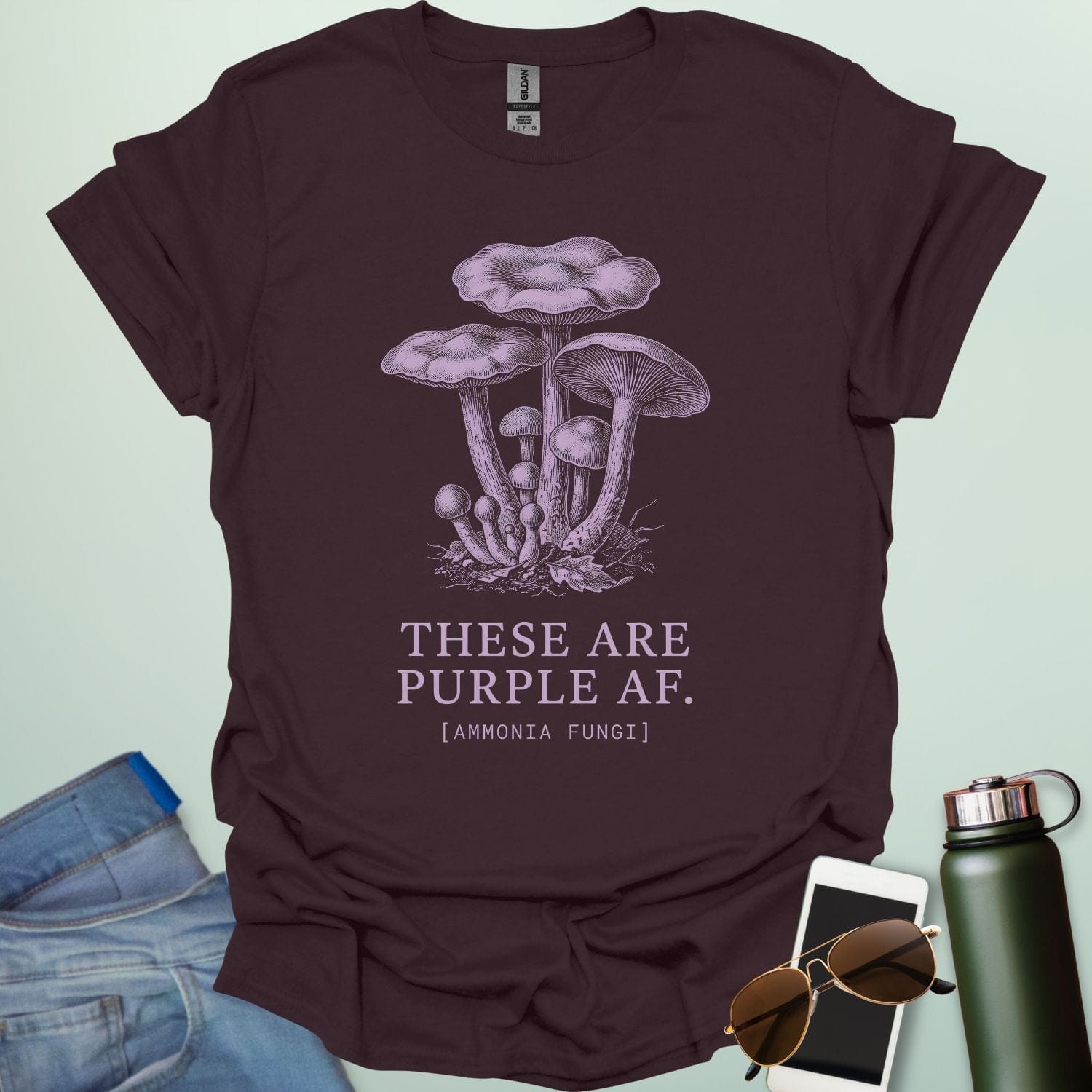 Botanical illustration of various mushrooms and fungi with text that reads 'THESE ARE PURPLE AF.' and '[AMMONIA FUNGI]' in a clean serif font.