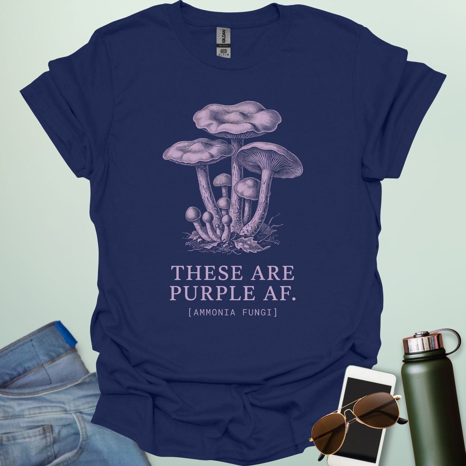 Botanical illustration of various mushrooms and fungi with text that reads 'THESE ARE PURPLE AF.' and '[AMMONIA FUNGI]' in a clean serif font.