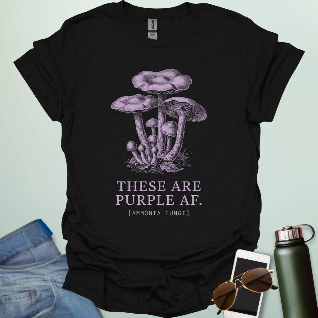 Botanical illustration of various mushrooms and fungi with text that reads 'THESE ARE PURPLE AF.' and '[AMMONIA FUNGI]' in a clean serif font.