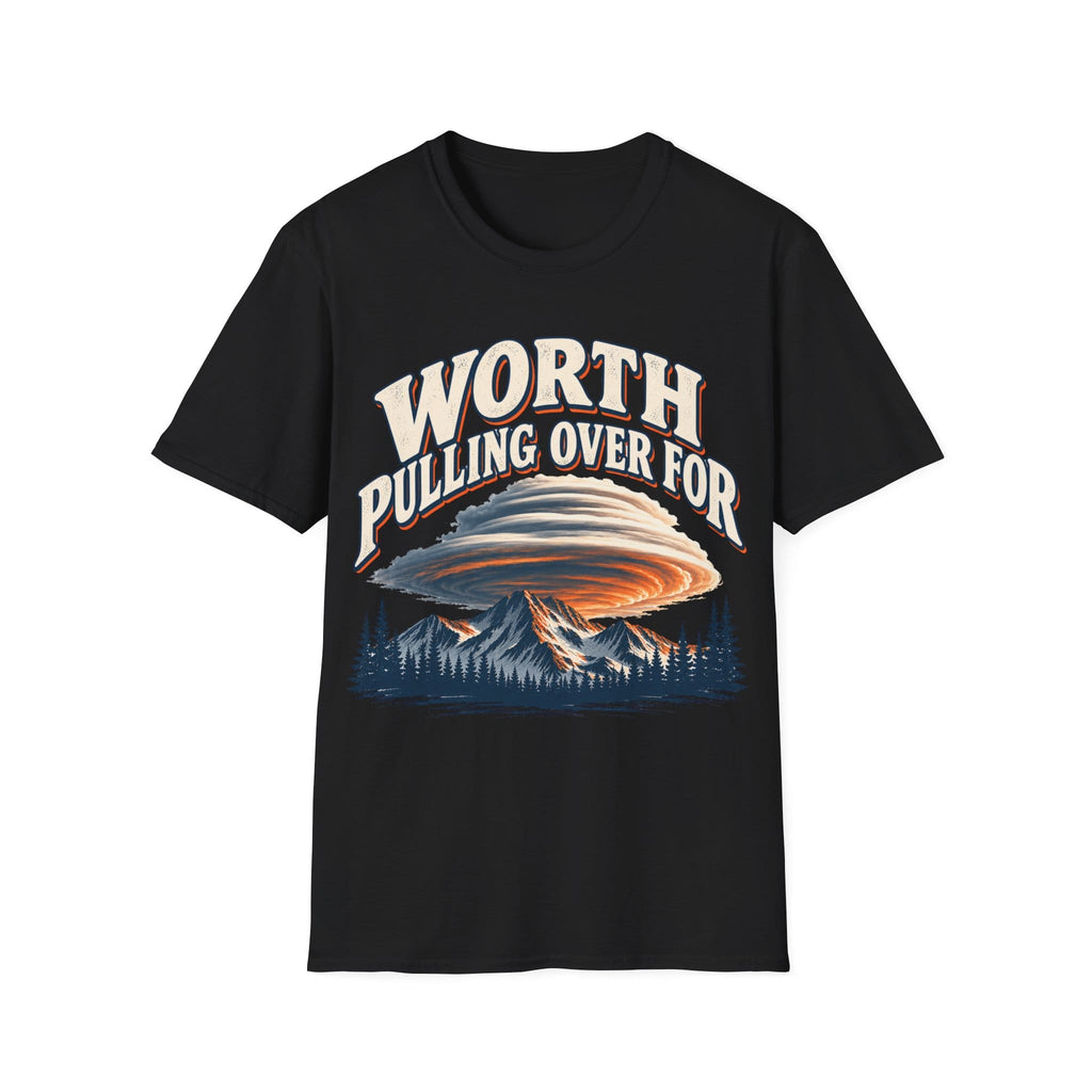 Vintage-style graphic design featuring arched text reading 'WORTH PULLING OVER FOR' above a massive lenticular cloud formation hovering over mountain peaks and pine trees.