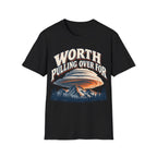 Vintage-style graphic design featuring arched text reading 'WORTH PULLING OVER FOR' above a massive lenticular cloud formation hovering over mountain peaks and pine trees.