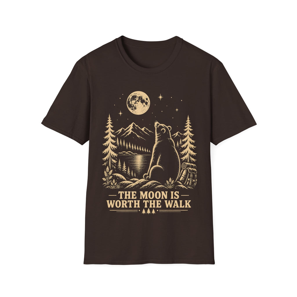 Vintage linocut-style illustration of a bear sitting beside a backpack, gazing up at a full moon over mountains and pine trees with text reading 'THE MOON IS WORTH THE WALK'.