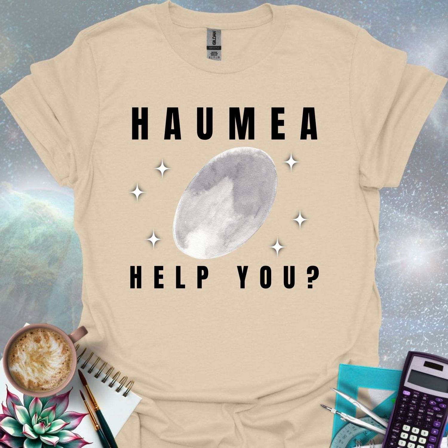The word 'HAUMEA' above an oval-shaped illustration of the dwarf planet Haumea surrounded by stylized stars, with the text 'HELP YOU?' below.