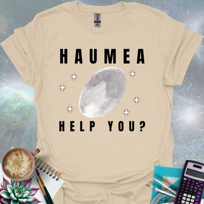 The word 'HAUMEA' above an oval-shaped illustration of the dwarf planet Haumea surrounded by stylized stars, with the text 'HELP YOU?' below.