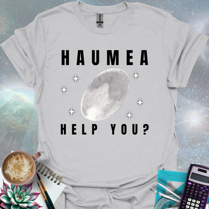 The word 'HAUMEA' above an oval-shaped illustration of the dwarf planet Haumea surrounded by stylized stars, with the text 'HELP YOU?' below.