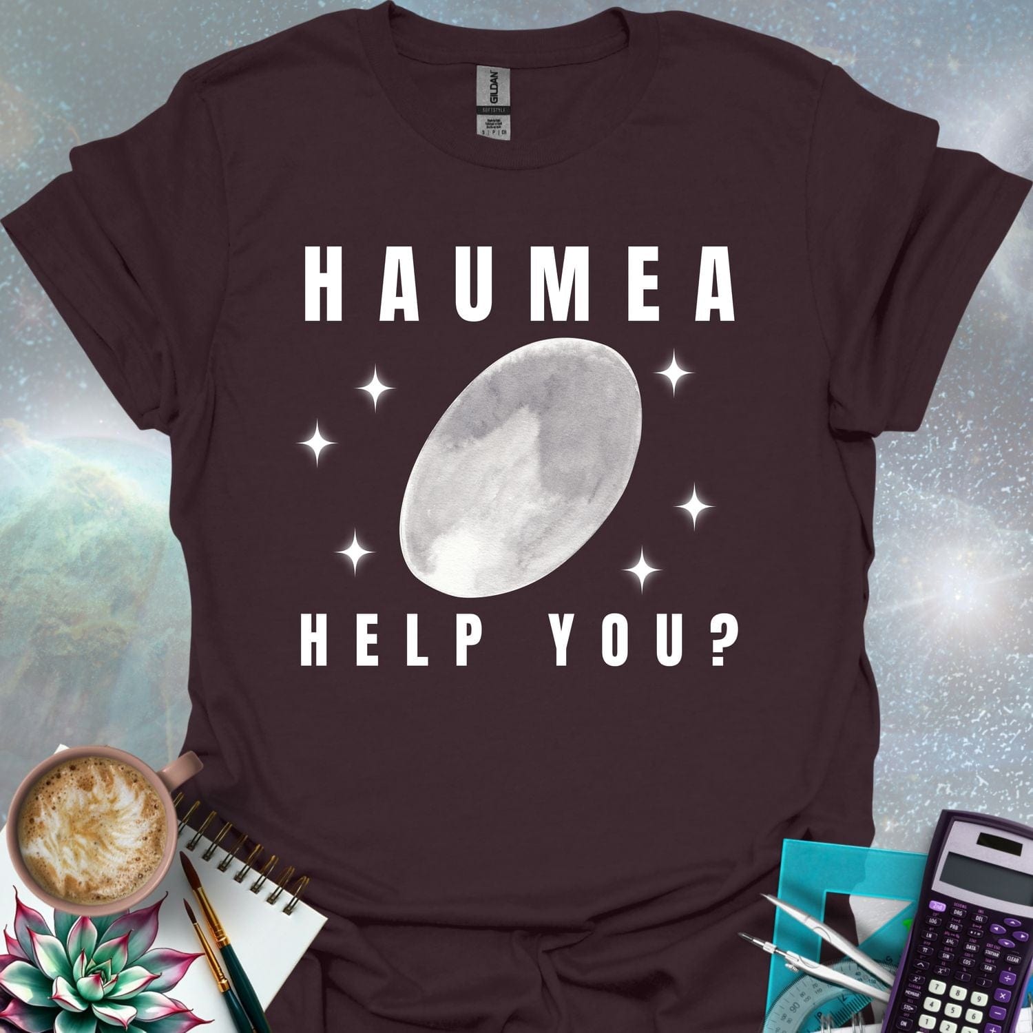 The word 'HAUMEA' above an oval-shaped illustration of the dwarf planet Haumea surrounded by stylized stars, with the text 'HELP YOU?' below.