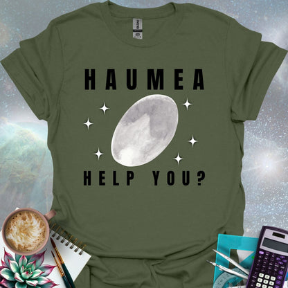 The word 'HAUMEA' above an oval-shaped illustration of the dwarf planet Haumea surrounded by stylized stars, with the text 'HELP YOU?' below.