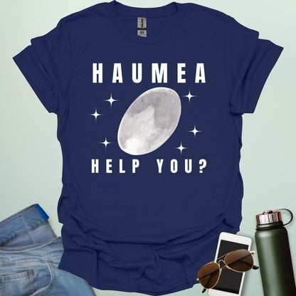 "A navy blue t-shirt with a drawing of the dwarf planet Haumea and the text 'HAUMEA HELP YOU?'