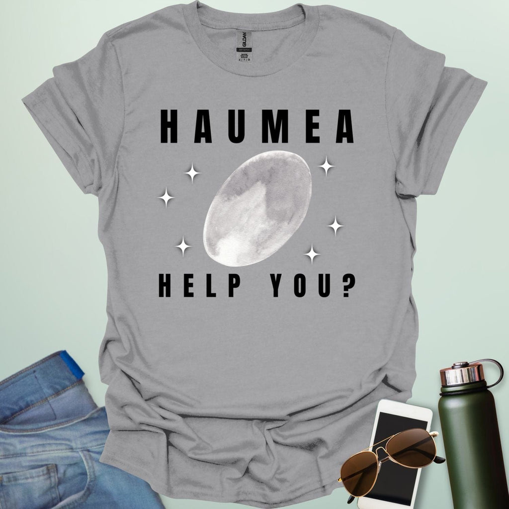 "A sport grey t-shirt with a drawing of the dwarf planet Haumea and the text 'HAUMEA HELP YOU?'