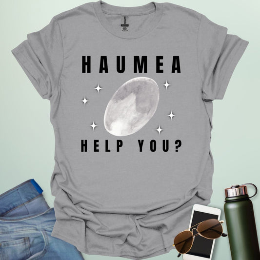 "A sport grey t-shirt with a drawing of the dwarf planet Haumea and the text 'HAUMEA HELP YOU?'