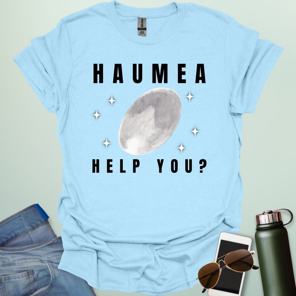 "A light blue t-shirt with a drawing of the dwarf planet Haumea and the text 'HAUMEA HELP YOU?'