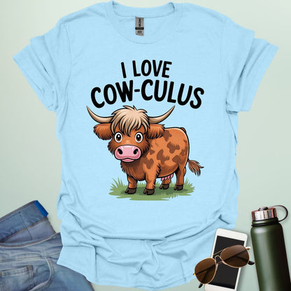 A cute and funny t-shirt featuring a highland cow in a field of flowers and the text 'I Love Cow-culus,' a perfect gift for math teachers and students.