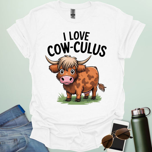 A cute and funny t-shirt featuring a highland cow in a field of flowers and the text 'I Love Cow-culus,' a perfect gift for math teachers and students.