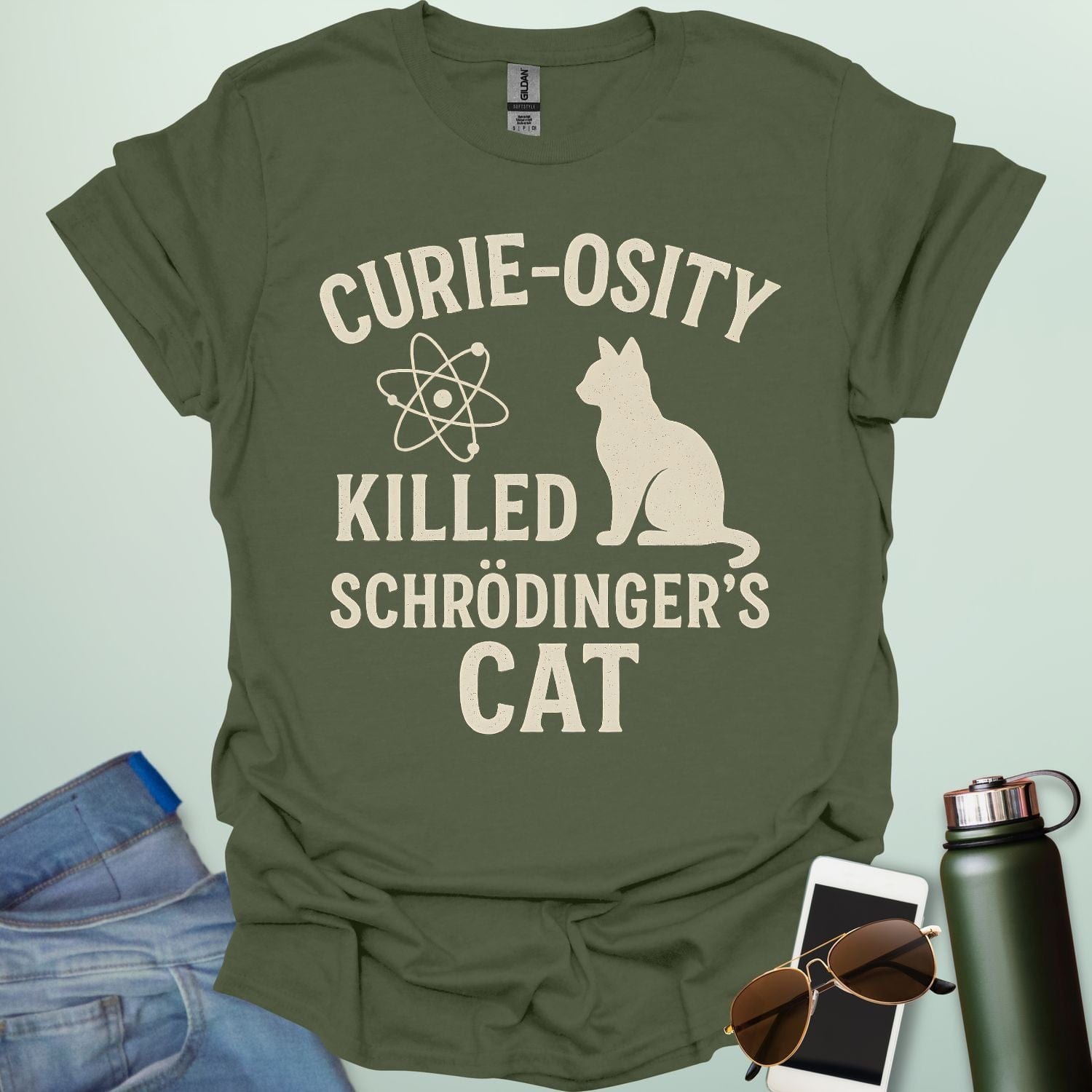 ‘Curie-osity Killed Schrödinger’s Cat’ t-shirt with humorous science design — a mashup referencing Curie + Schrödinger’s cat for physicists & curious minds.