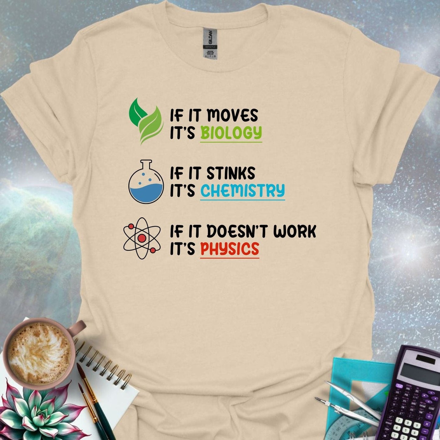 The phrases 'If It Moves It's Biology', 'If It Stinks It's Chemistry', and 'If It Doesn't Work It's Physics' with corresponding science-themed icons.