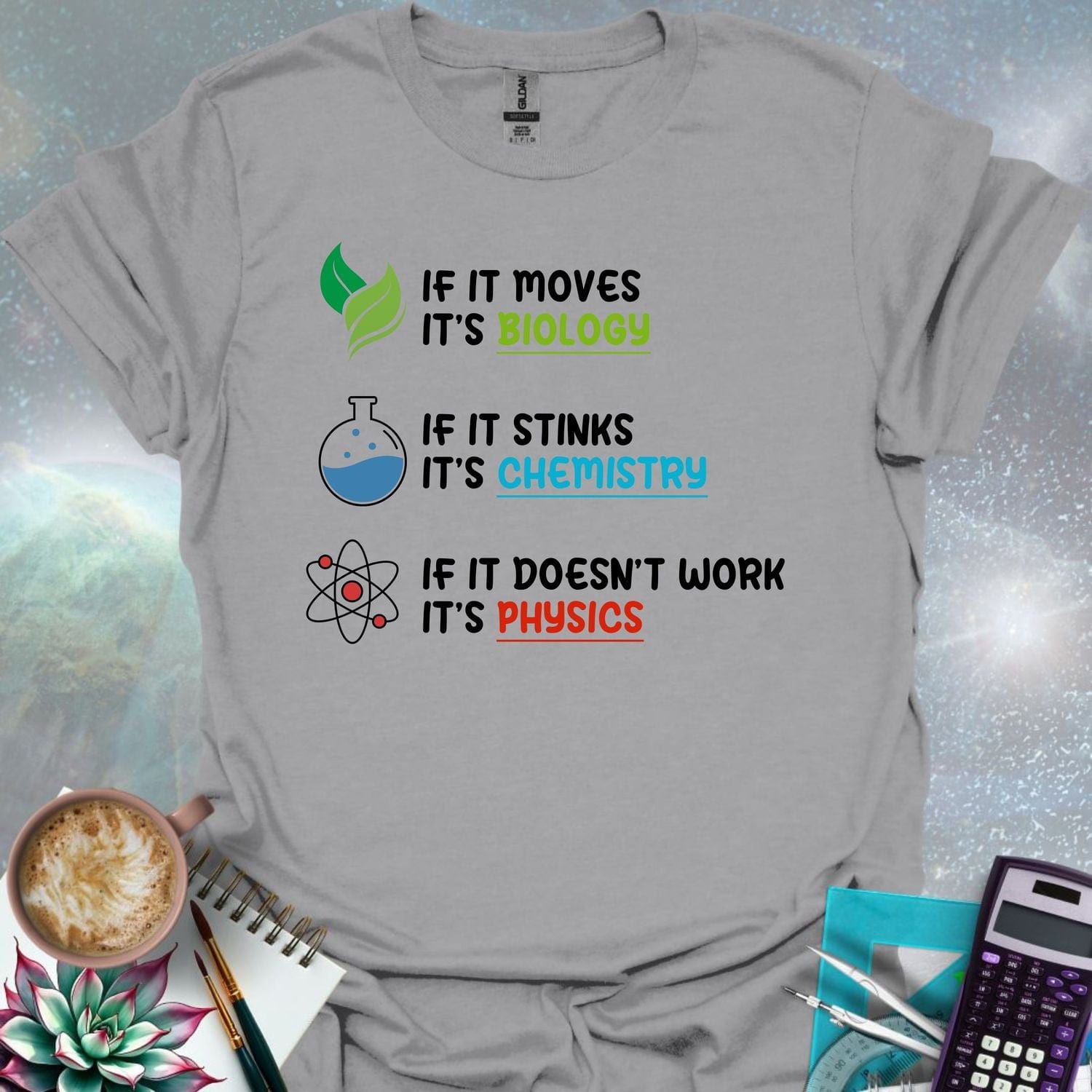 The phrases 'If It Moves It's Biology', 'If It Stinks It's Chemistry', and 'If It Doesn't Work It's Physics' with corresponding science-themed icons.