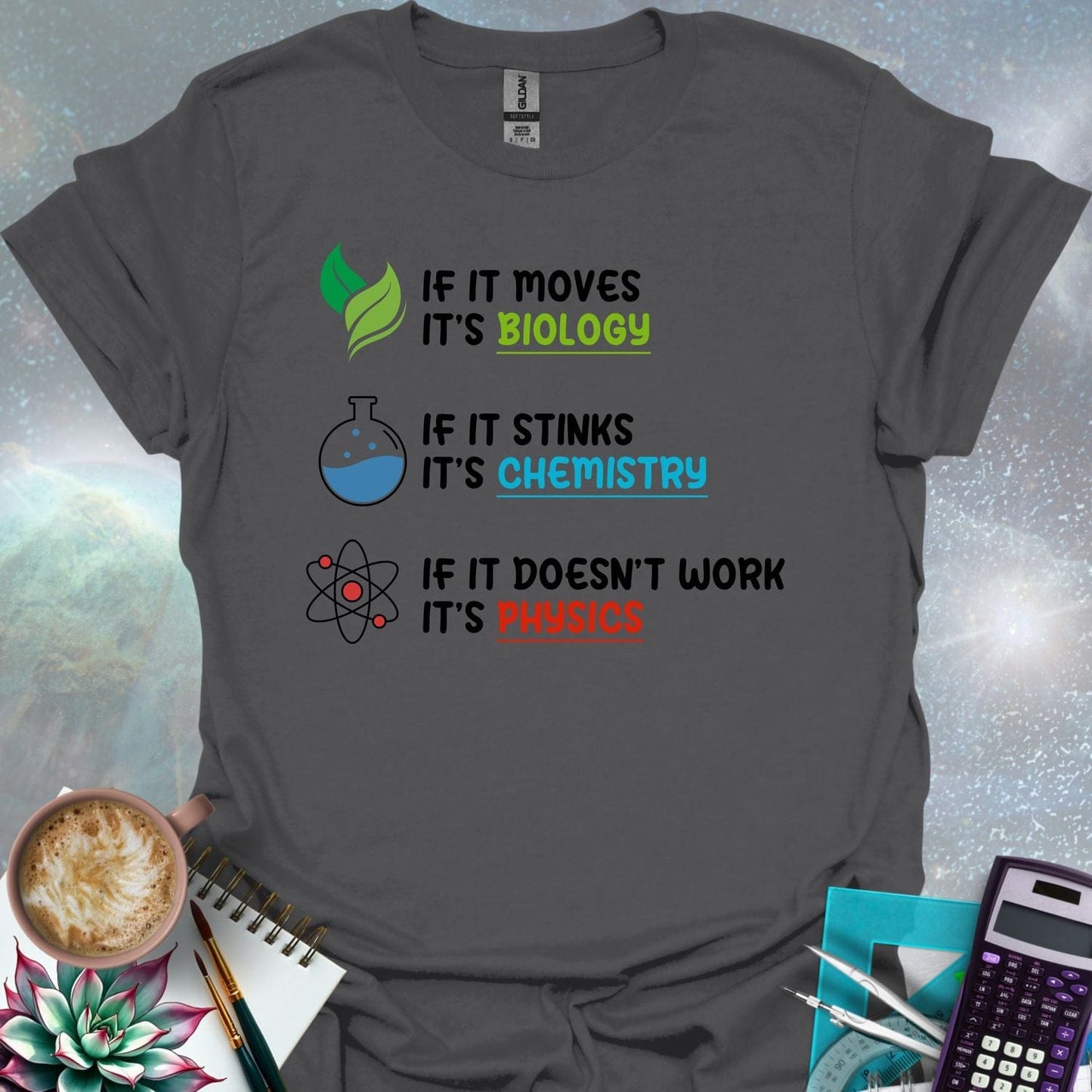 The phrases 'If It Moves It's Biology', 'If It Stinks It's Chemistry', and 'If It Doesn't Work It's Physics' with corresponding science-themed icons.