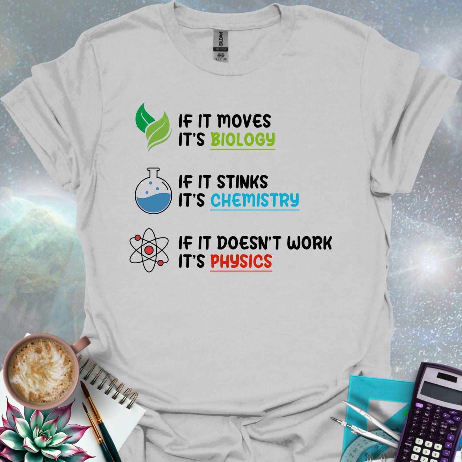 The phrases 'If It Moves It's Biology', 'If It Stinks It's Chemistry', and 'If It Doesn't Work It's Physics' with corresponding science-themed icons.