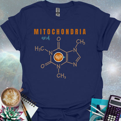 The word 'MITOCHONDRIA' above the word 'and' above the chemical structure of caffeine with a coffee cup icon containing a latte art heart in the center. Below the caffeine structure are chemical symbols.