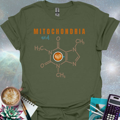 The word 'MITOCHONDRIA' above the word 'and' above the chemical structure of caffeine with a coffee cup icon containing a latte art heart in the center. Below the caffeine structure are chemical symbols.