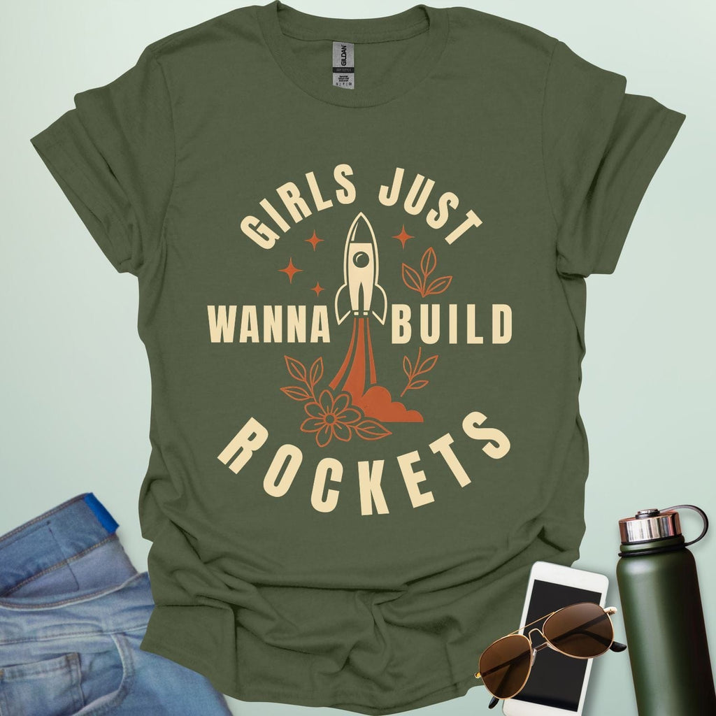 ‘Girls Just Wanna Build Rockets’ t-shirt with rocket illustration — STEM apparel for girls in engineering and space lovers.