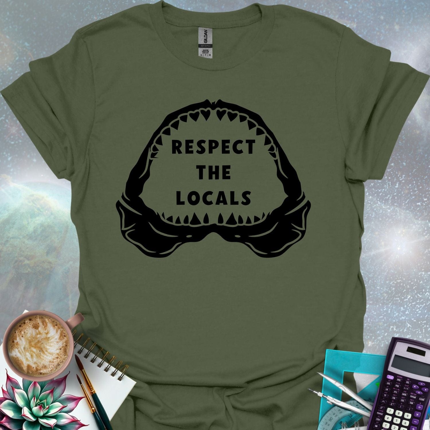 The silhouette of a menacing open shark jaw with sharp teeth, framing the text 'RESPECT THE LOCALS' in the center.