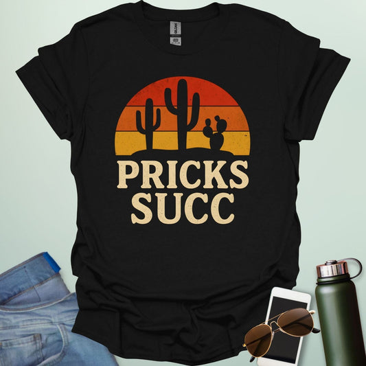 Cactus Pricks SUCC t-shirt design with bold text and succulent cactus graphic — a sarcastic botanical humor tee.