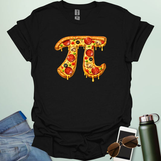 A graphic design of the mathematical symbol Pi rendered as a realistic pepperoni pizza with mushrooms and green peppers.