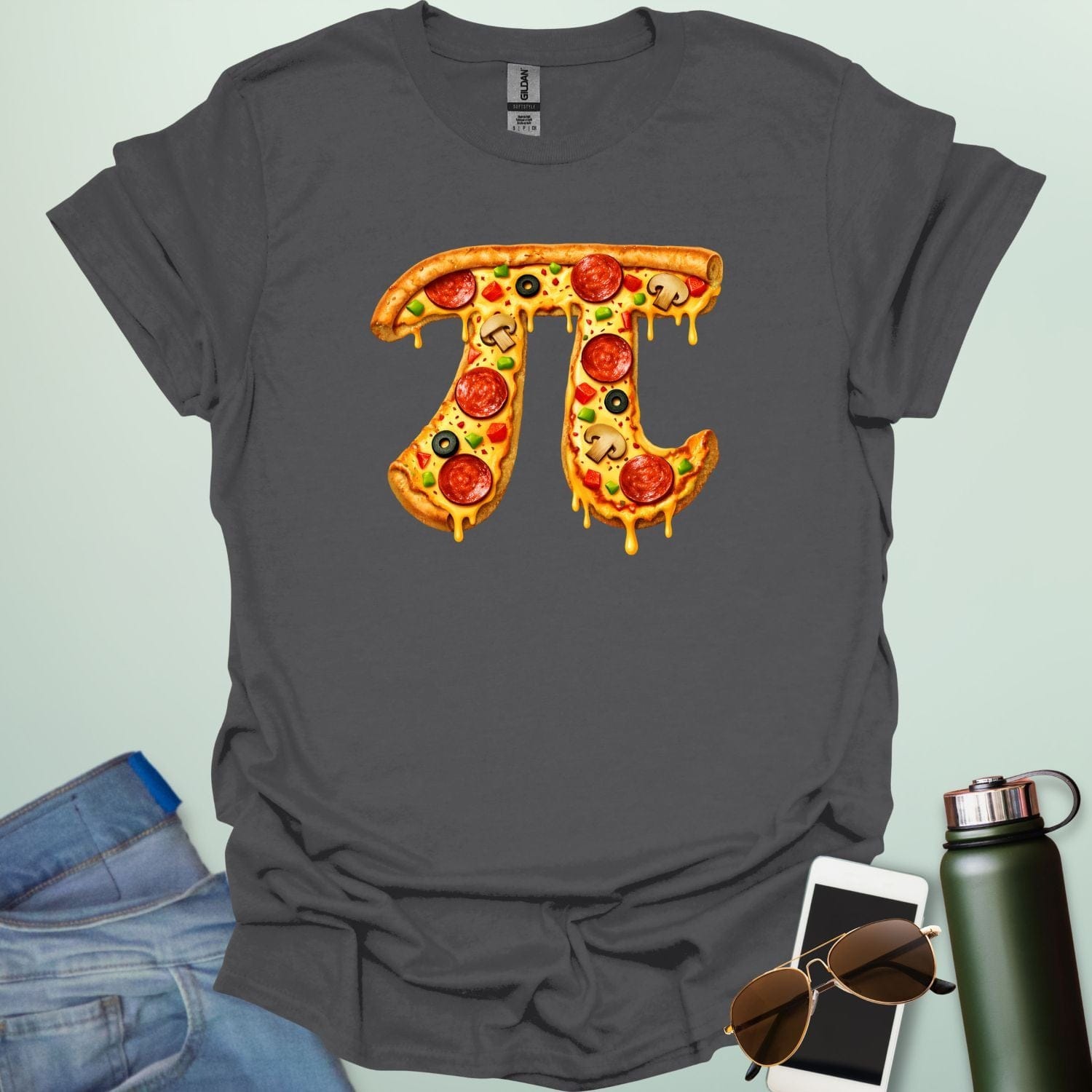 A graphic design of the mathematical symbol Pi rendered as a realistic pepperoni pizza with mushrooms and green peppers.