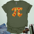 A graphic design of the mathematical symbol Pi rendered as a realistic pepperoni pizza with mushrooms and green peppers.