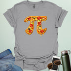 A graphic design of the mathematical symbol Pi rendered as a realistic pepperoni pizza with mushrooms and green peppers.