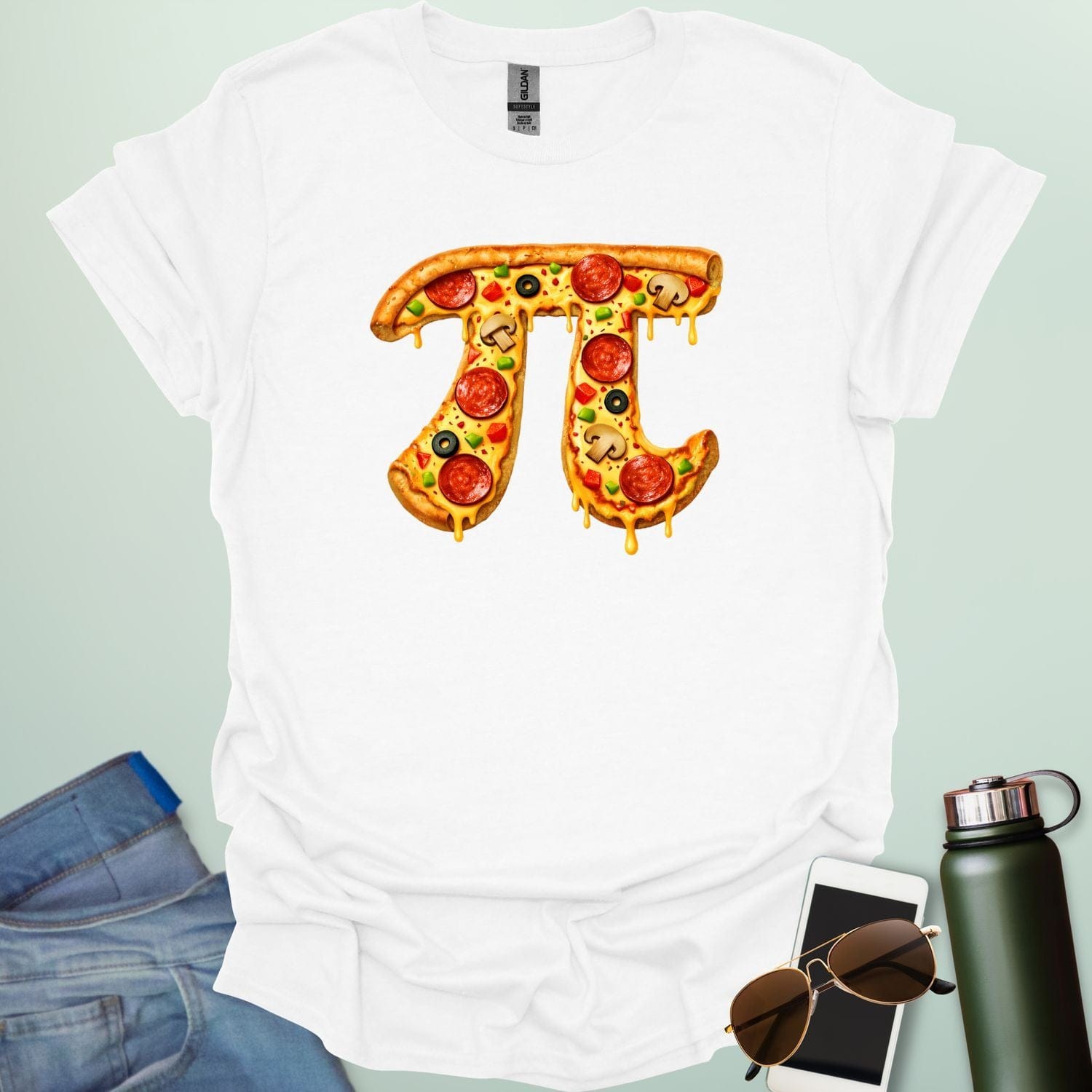 A graphic design of the mathematical symbol Pi rendered as a realistic pepperoni pizza with mushrooms and green peppers.