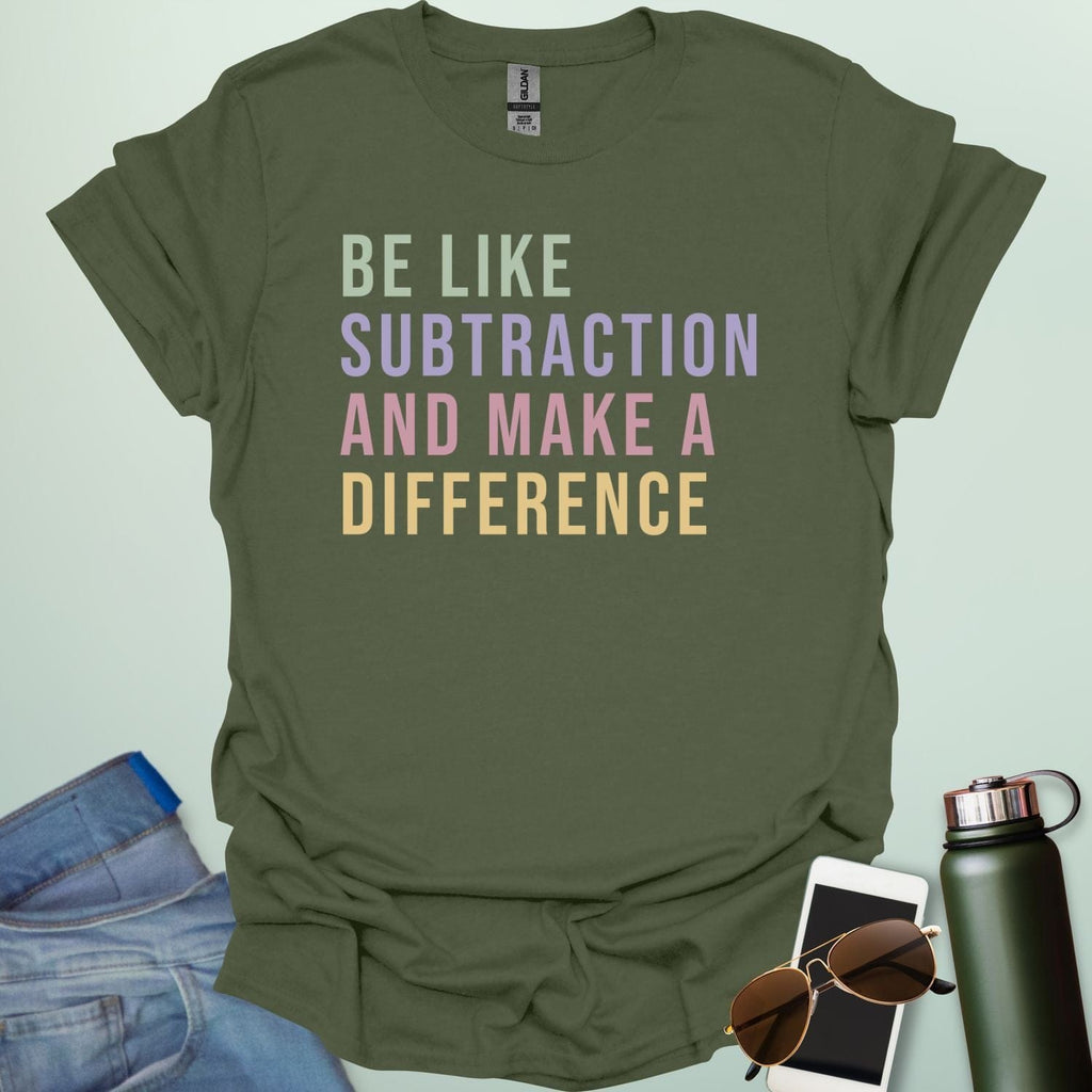 Colorful retro-style typography featuring the motivational math pun "BE LIKE SUBTRACTION AND MAKE A DIFFERENCE" in stacked green, purple, pink, and yellow text.