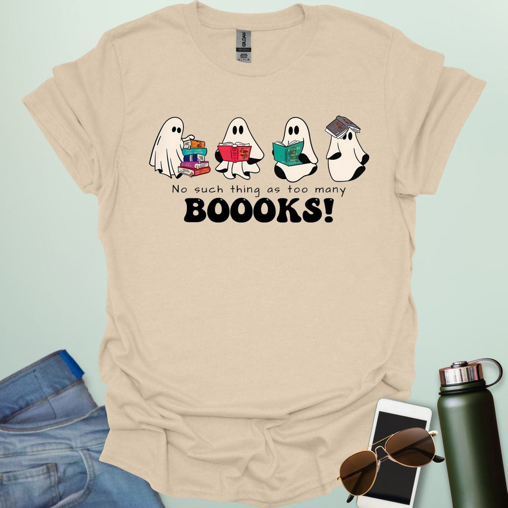 No Such Thing As Too Many Booooks t-shirt with ghostly lettering and book graphic — a spooky bookworm design for readers and teachers.