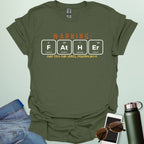 A funny periodic table t-shirt for fathers, using the elements Fluorine, Astatine, Hydrogen, and Erbium to spell 'FAtHEr'. The design says 'WARNING: FATHER MAY TELL DAD JOKES, PERIODICALLY.'