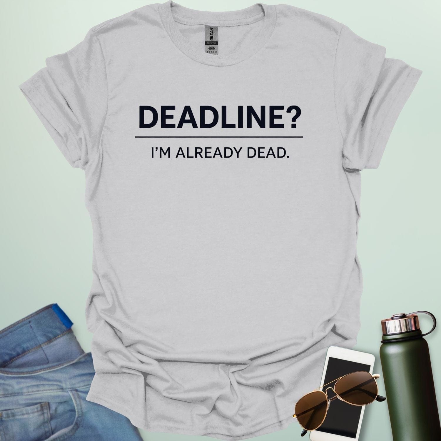 Minimalist typography design featuring the word "DEADLINE?" underlined by the phrase "I'M ALREADY DEAD."