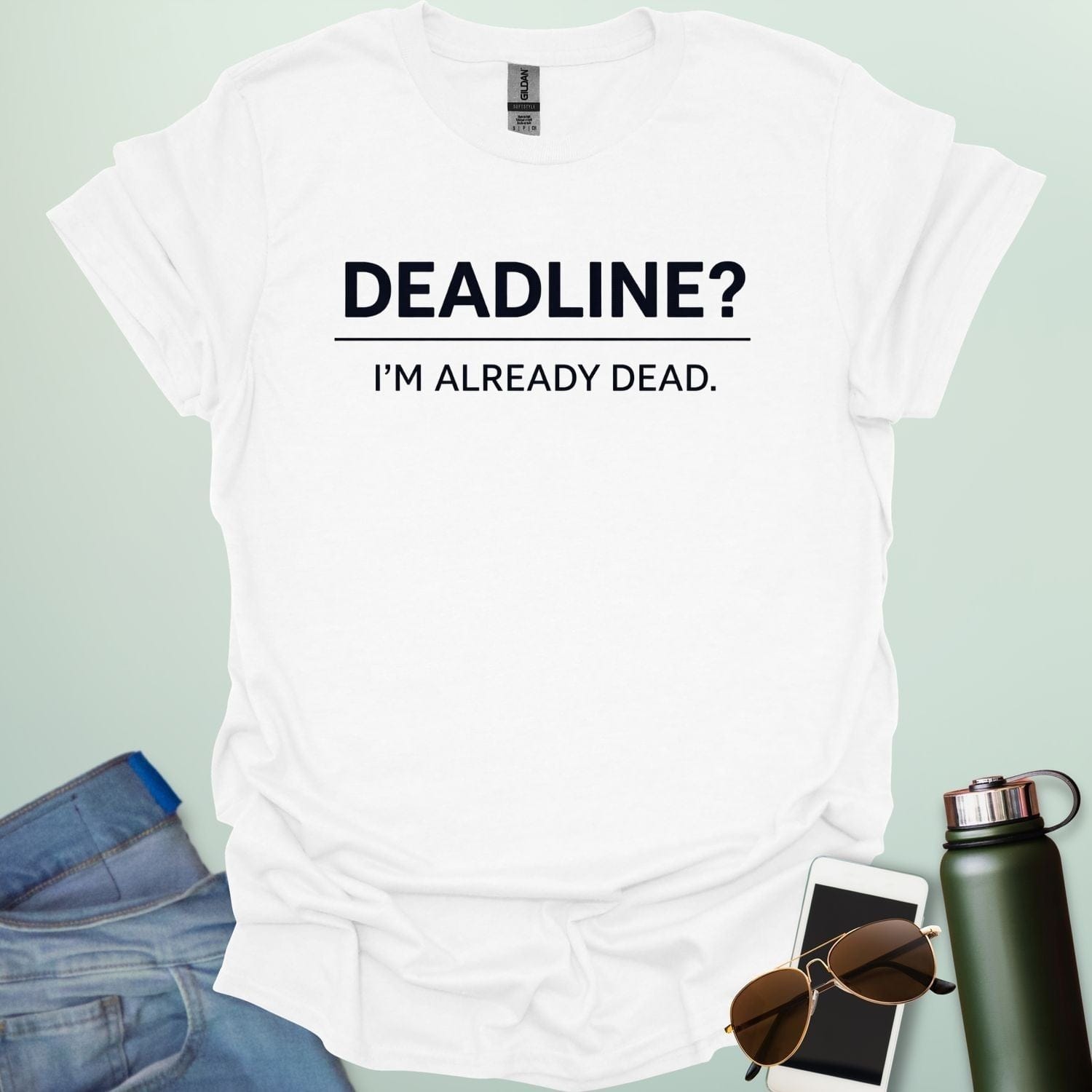 Minimalist typography design featuring the word "DEADLINE?" underlined by the phrase "I'M ALREADY DEAD."