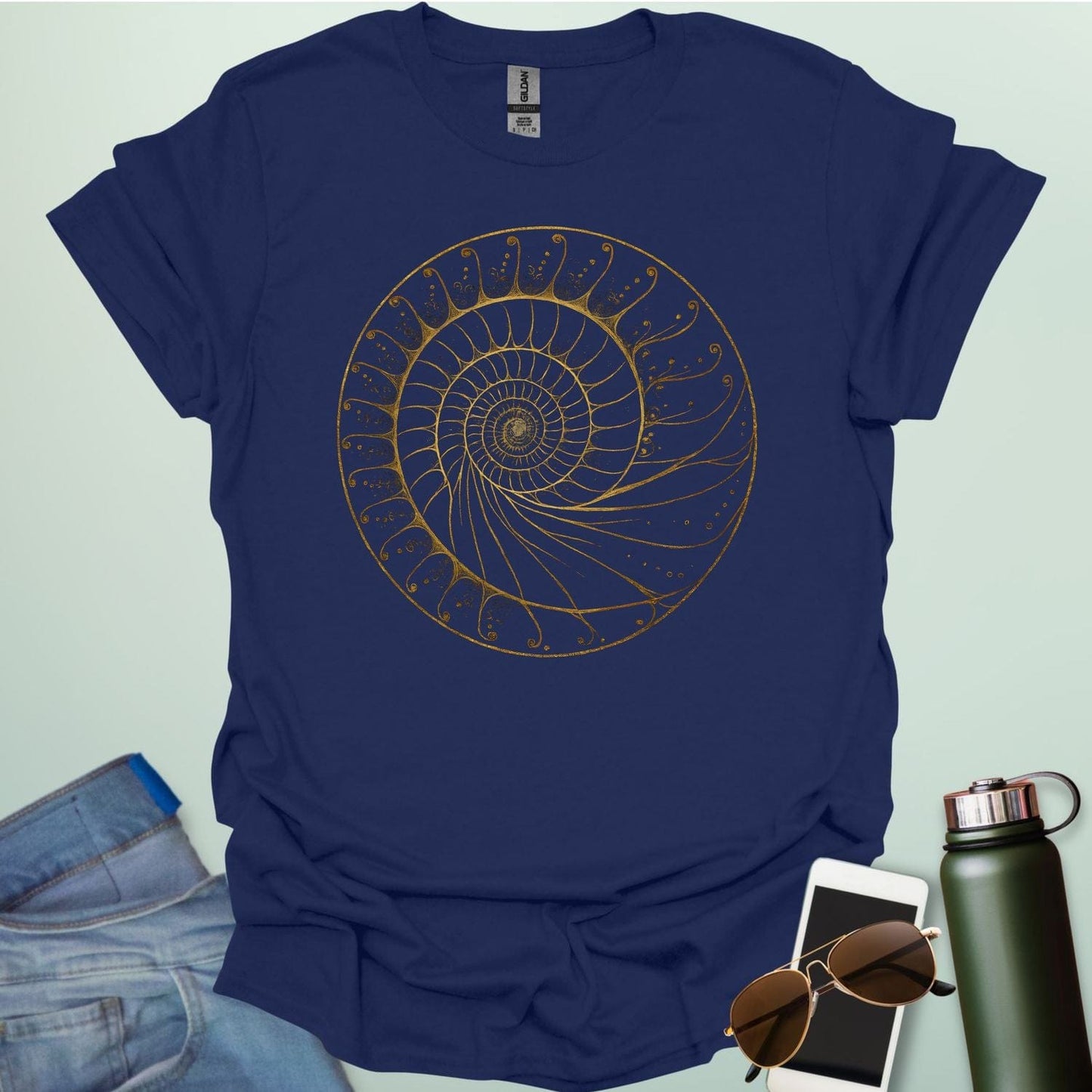 Elegant Fibonacci spiral t-shirt design, representing the golden ratio in a stylish artistic graphic.