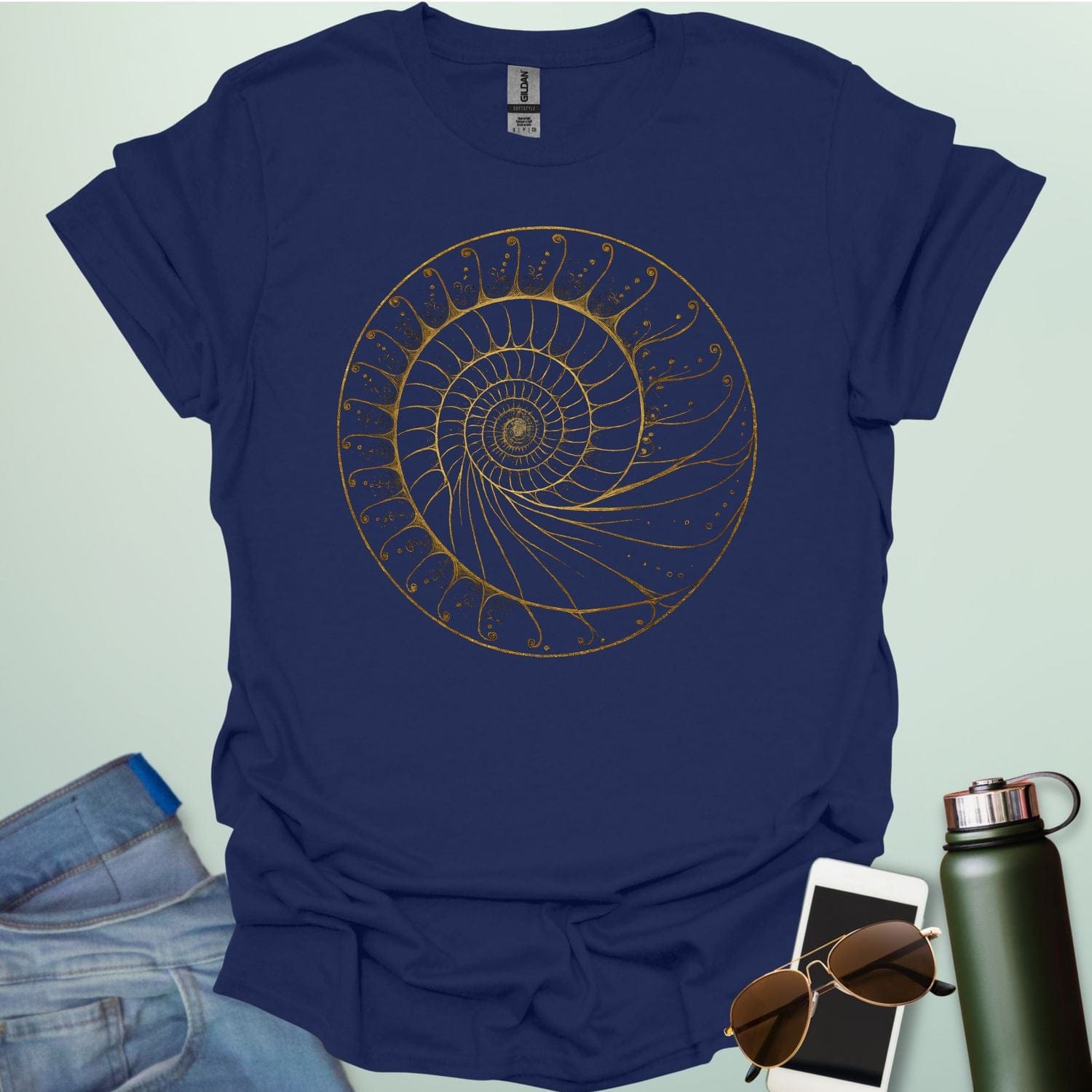 Elegant Fibonacci spiral t-shirt design, representing the golden ratio in a stylish artistic graphic.